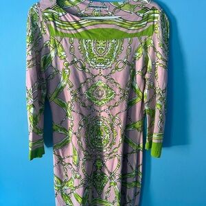 Pink & Green Patterned Boatneck Dress